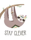 Cute cartoon sloth hanging on the tree. Tribal animal Royalty Free Stock Photo