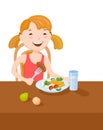 Cute cartoon small girl dined at the table Royalty Free Stock Photo