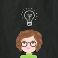 Cute cartoon smart girl and bulb lamp idea Royalty Free Stock Photo