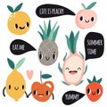 Cute cartoon smile fruits characters with speech bubbles Royalty Free Stock Photo