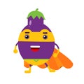 Cute cartoon smiling eggplant superhero in mask and orange cape, colorful humanized vegetable character Illustration