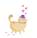 Cute cartoon smiling ginger cat in top hat walking with hearts around Royalty Free Stock Photo