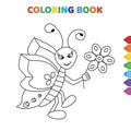 Cute cartoon smiling happy butterfly taking flower in hand coloring book for kids. black and white vector illustration for Royalty Free Stock Photo