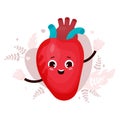 Cute cartoon smiling healthy heart character. Funny happy human cardiology organ. Vector illustration in flat cartoon Royalty Free Stock Photo