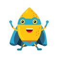 Cute cartoon smiling lemon superhero in mask and blue cape, colorful humanized fruit character Illustration