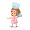 Cute cartoon smiling little girl chef character holding cloche platter Illustration
