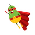 Cute cartoon smiling pear superhero in mask and red cape, colorful humanized fruit character Illustration