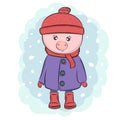 Cute cartoon smiling pig baby in winter in coat and hat.