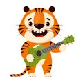 Cute cartoon smiling tiger plays the ukulele guitar. Symbol of 2022, year of the tiger. Vector illustration isolated on