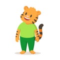 Cute cartoon smiling tiger standing, cartoon character. Flat vector illustration, isolated on white background. Royalty Free Stock Photo