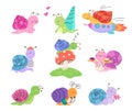 Cute cartoon snail. Gastropod shell, garden snails happy set. Wild small slug, funny insects sleep, in flight on shuttle