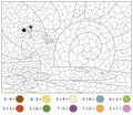 Cute cartoon snail on the green leaf. Addition and subtraction tasks. Color by number educational game