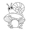 Cute cartoon snail on mushroom. Black and white vector illustration Royalty Free Stock Photo