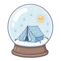 Cute Cartoon Snow Globe with Winter Camping Scene Royalty Free Stock Photo