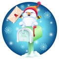 Cute cartoon snowman with postcard in hand on mailbox