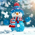 A Cute Cartoon Snowman Wearing a blue Winter hat, scarf and Gloves. Illustration on Winter Background with Snow and Green Trees. Royalty Free Stock Photo