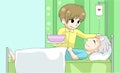 Cute cartoon son is nursing his old sick father with love and ca