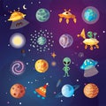 Cute cartoon space explorer, astronomy science and UFO vector set. Lunar rover, planets, rockets, space objects and Royalty Free Stock Photo