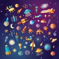Cute cartoon space explorer, astronomy science and UFO vector set. Lunar rover, planets, rockets, space objects and Royalty Free Stock Photo
