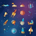 Cute cartoon space explorer, astronomy science and UFO vector set. Lunar rover, rockets, space sheeps and shuttle Royalty Free Stock Photo