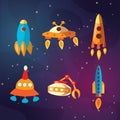 Cute cartoon space explorer, astronomy science and UFO vector set. Lunar rover, rockets, space sheeps and shuttle Royalty Free Stock Photo