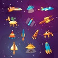 Cute cartoon space explorer, astronomy science and UFO vector set. Lunar rover, rockets, space sheeps and shuttle