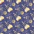 Cartoon Space rocket. Vector celestial seamless pattern.