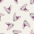 Cute cartoon sphynx kitten face with pink bow seamless vector pattern. Pedigree exotic kitty breed domestic cat