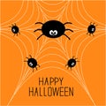 Cute cartoon spider family on the web. Halloween card. Flat design Royalty Free Stock Photo