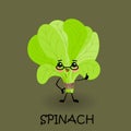 Cute cartoon spinach or salad. Tasty and healthy vegetables. Vegan character with eyes and a smile. Dark background Royalty Free Stock Photo
