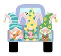 Cute cartoon spring Easter gnomes on a truck Royalty Free Stock Photo