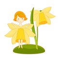 Cute cartoon spring fairy illustration with daffodil