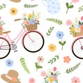 Cute cartoon spring floral pattern with bicycle, hat, pitcher, flowers, branches