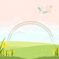 Cute cartoon Spring landscape with copy space, Vector Hello Spring on green field with rainbow and clouds in pastel colour, Spring