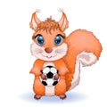 Cute cartoon squirrel with beautiful eyes holds a soccer ball