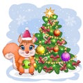 Cute cartoon squirrel with beautiful eyes in a Santa Claus hat with a Christmas gift, candy cane, ball near a decorated Christmas Royalty Free Stock Photo