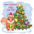 Cute cartoon squirrel with beautiful eyes in a Santa Claus hat with a Christmas gift, candy cane, ball near a decorated Christmas Royalty Free Stock Photo