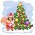 Cute cartoon squirrel with beautiful eyes in a Santa Claus hat with a Christmas gift, candy cane, ball near a decorated Christmas Royalty Free Stock Photo