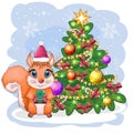 Cute cartoon squirrel with beautiful eyes in a Santa Claus hat with a Christmas gift, candy cane, ball near a decorated Christmas Royalty Free Stock Photo