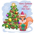 Cute cartoon squirrel with beautiful eyes in a Santa Claus hat with a Christmas gift, candy cane, ball near a decorated Christmas Royalty Free Stock Photo