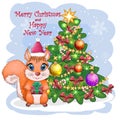 Cute cartoon squirrel with beautiful eyes in a Santa Claus hat with a Christmas gift, candy cane, ball near a decorated Christmas Royalty Free Stock Photo