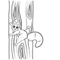 Cute cartoon squirrel climbing the tree vector coloring page outline. Coloring book of forest animals for kids. Isolated on white