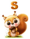 Cute cartoon squirrel with a nut and a letter on a white background