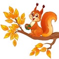 Cute cartoon squirrel with a nut sitting on autumn branch.