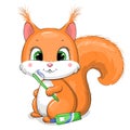 A cute cartoon squirrel with toothpaste and a toothbrush is brushing the teeth. Royalty Free Stock Photo