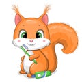 A cute cartoon squirrel with toothpaste and a toothbrush is brushing the teeth.