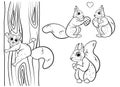 Cute cartoon squirrel vector coloring page outline. Squirrel in different postures. Squirrel with hazelnut, two squirrels in love