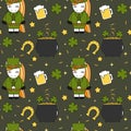 Cute cartoon St Patrick`s Day seamless vector pattern background illustration with unicorn leprechaun, shamrocks, stars, horseshoe