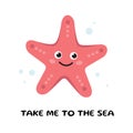 Cute cartoon Starfish. Postcard with Sea star character. Vector illustration. Kids illustration in cartoon style Royalty Free Stock Photo