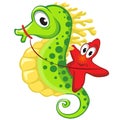 Cute cartoon starfish riding on the seahorse